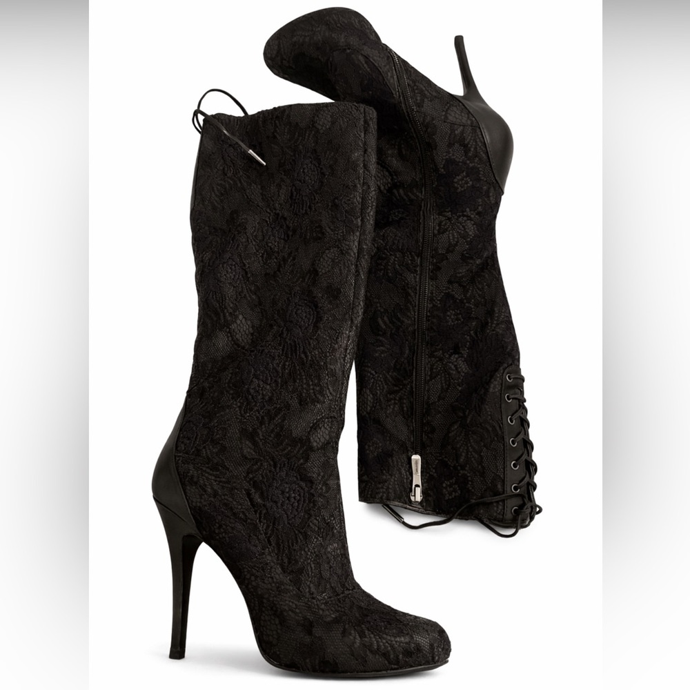 GUESS Black Lace Knee High Editorial Statement Boots–Size 7 – Luxe Gothic Style